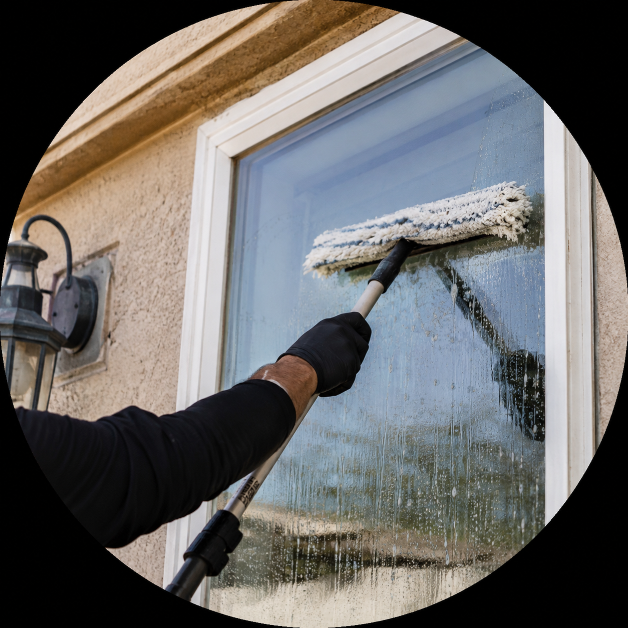Gloved window cleaner running a scrubber down a soapy home window beside a lantern light